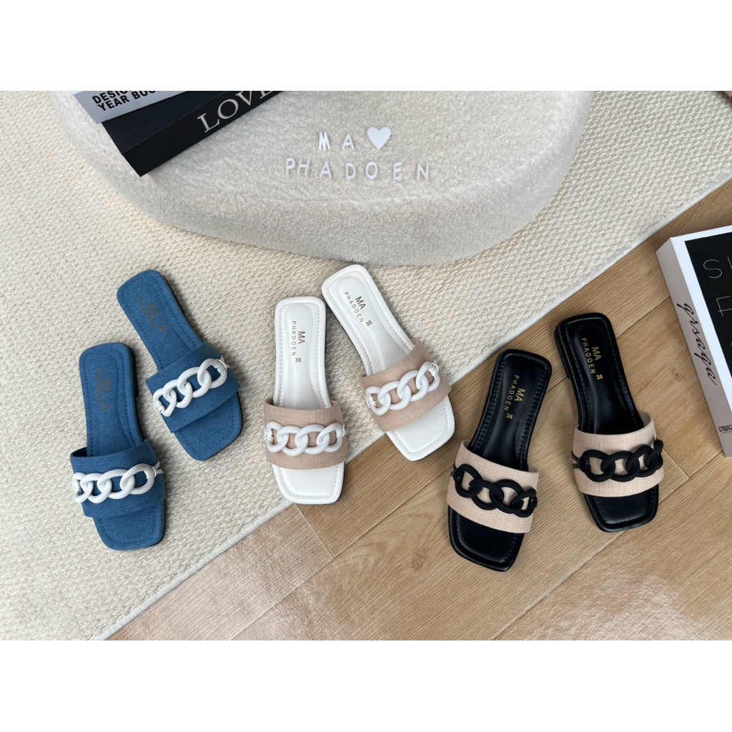 ⛓️‍💥Afashion⛓️‍💥รองเท้าแตะแฟชั่นผ้ากระสอบแต่งโซ่ใหญ่ เรียบ หรูมากค่ะ มีไซด์36-45 สินค้าพร้อมส่งนะคะ - รูปที่ 2