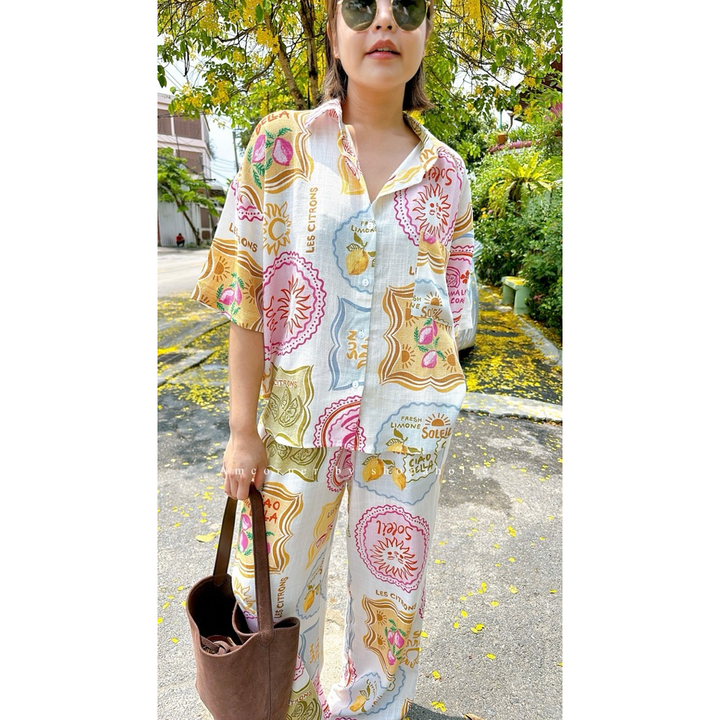 ✅พร้อมส่ง✅ ชุดเซท ผ้าลินิน เสื้อเชิ้ต อก44“ แขนสั้น + กางเกงเอวสม็อค Amcorner