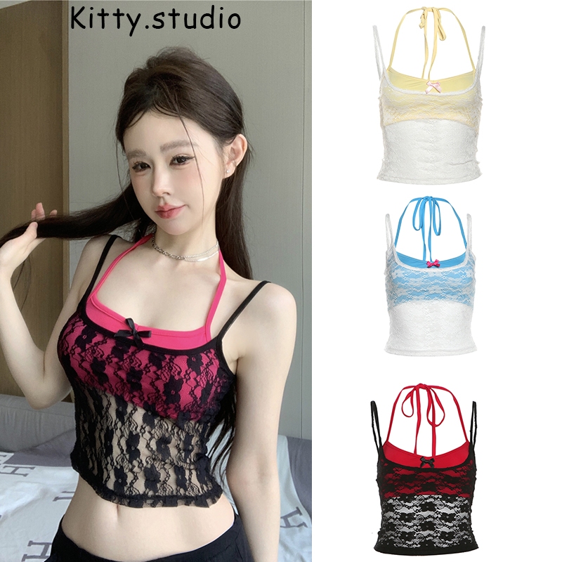 KITTY พร้อมส่ง🎀เสื้อสายเดี่ยวลูกไม้ เสื้อSet2ชิ้น เสื้อครอปท็อป ติดโปว์ เซ็กซี่แฟชั่นผู้หญิง สไตล์คล้องคอ ทรางรัดรูป Y2k