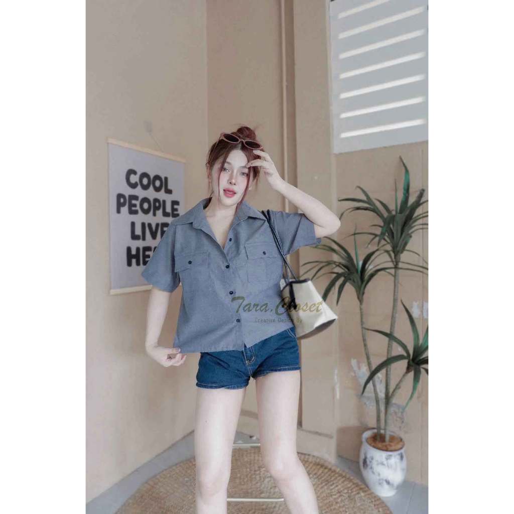 TUM119 TARA Shirt เสื้อเชิ้ต คอปก แขนสั้น กระดุมหน้า กระเป๋าหน้า สไตล์เกาหลี เนื้อผ้าคอตตอนอย่างดี ผ้าดี ใส่สบาย ไม่ร้อน