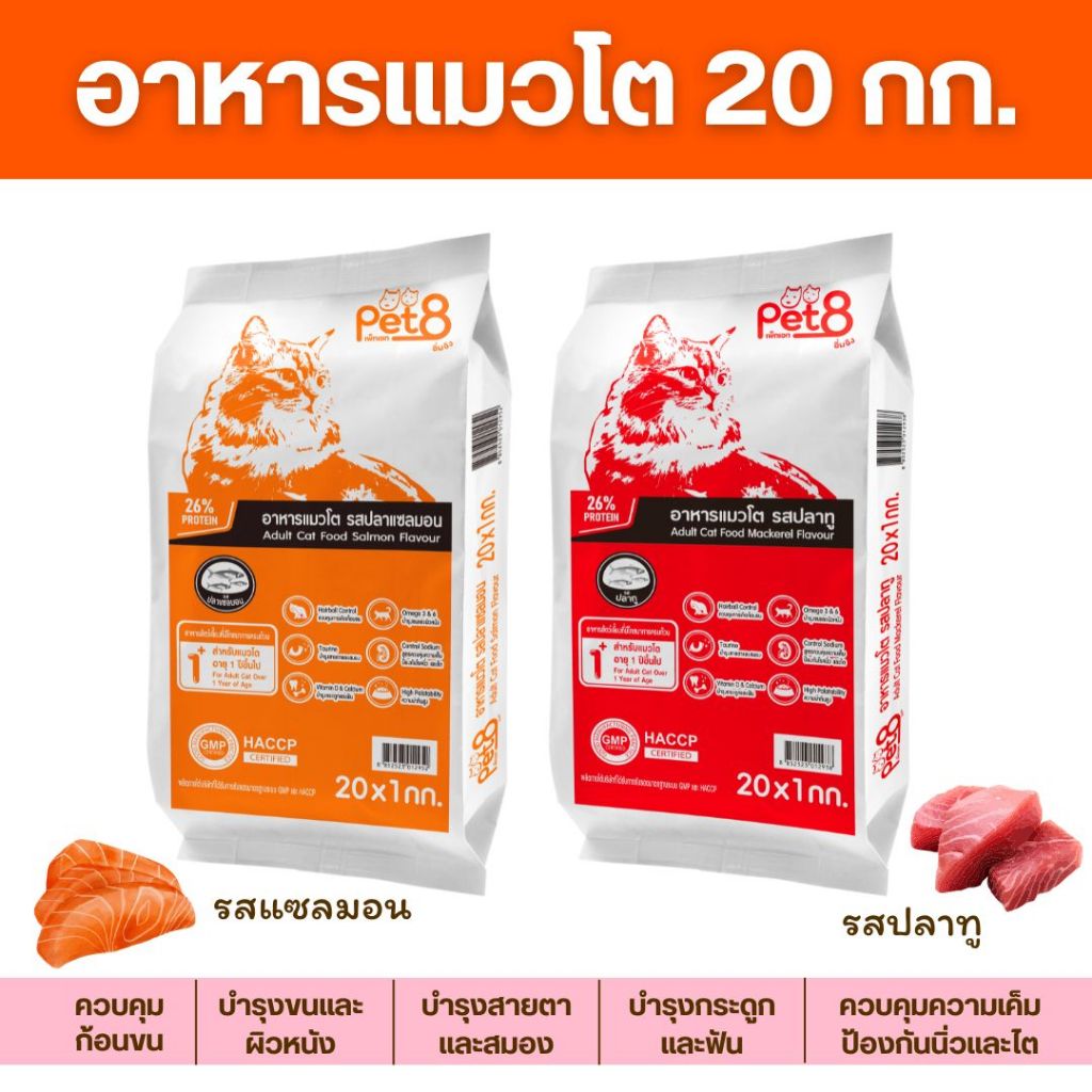 Pet8 Cat Food อิ่มจังง 20 Kg. อาหารแมว  บำรุงผิวหนังและขน สำหรับแมวโต 1 ปีขึ้นไป