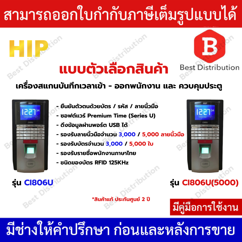 HIP เครื่องสแกนลายนิ้วมือ ทาบบัตร ควบคุมการเปิด-ปิดประตู รุ่น Ci806U