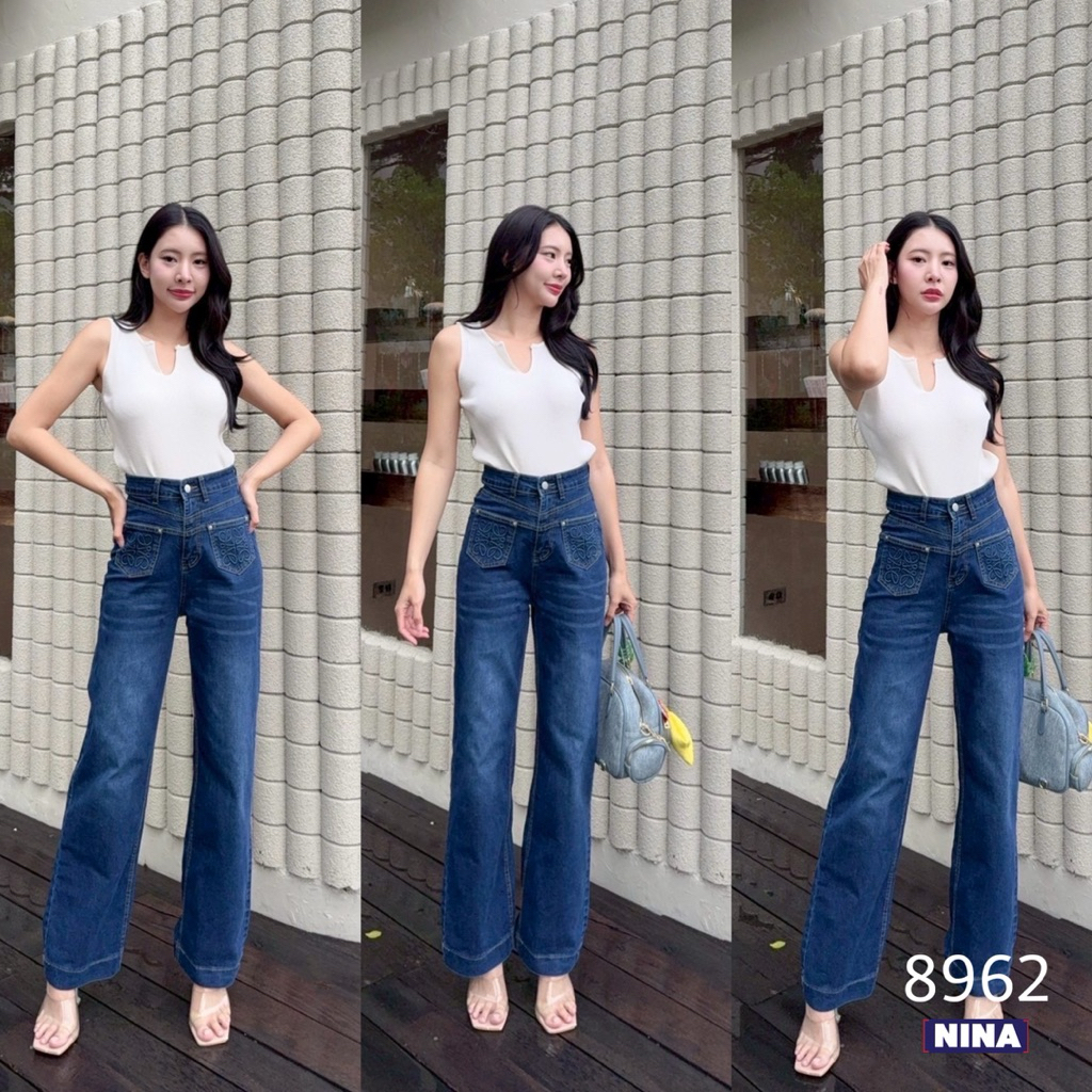 🌈𝑵𝒊𝒏𝒂.𝒋𝒆𝒂𝒏𝒔#8962 กางเกงยีนส์ทรงกระบอกเล็กผ้ายืดเยอะ งานฟอกเข้ม เก็บทรงเอวสูง กระเป๋าหน้า 2 ใบงานปัก