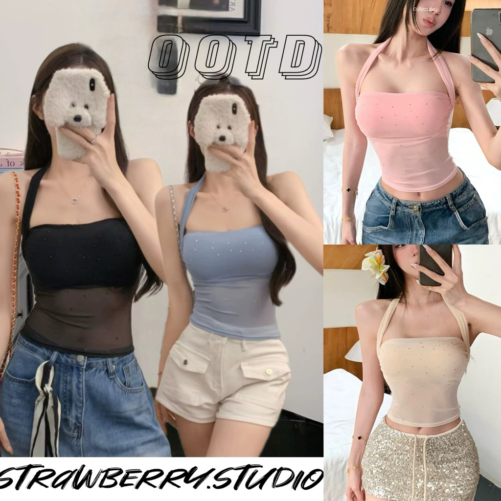 STR พร้อมส่ง💎เสื้อคล้องคอ เสื้อกล้ามคอกว้าง มีฟองน้ำ ประดับเพชร ผ้าซีทรู แขนกุดูเสื้อครอปตาข่ายทรงเข้ารูป เซ็กซี่สุดฮอต