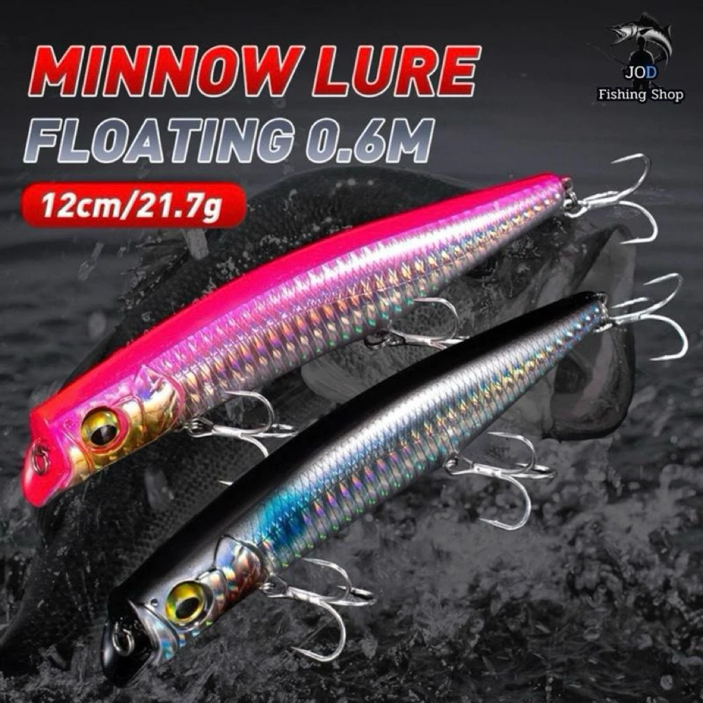 FLOATING MINNOW เหยื่อปลอมดำตื้น 12cm./22g. (ตัวเบ็ด3xพร้อมใช้งาน) ตีสาก กุเลา กระพง เก๋า