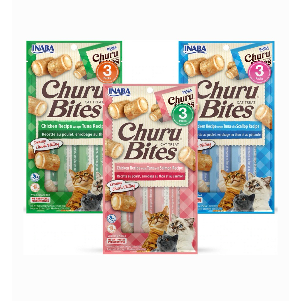 *พร้อมส่ง (3 per Pack 18 ชิ้น Total)ขนมแมวใส่ยาได้ INABA Churu Bites for Cats, Soft Baked Chicken Ch