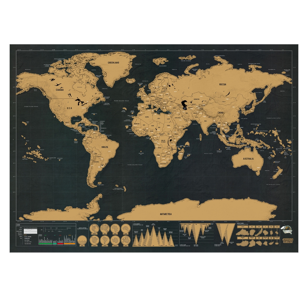 ถูกที่สุด Map World Edition Large Black Gold Style Scratchable Travel Map Hanging Picture Luxury Scr
