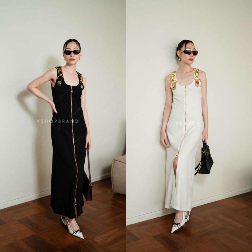 8851-7 Maxi เดรสแขนกุดแต่งห่วงเหล็กซิปหน้า งานป้าย Vshopbrand