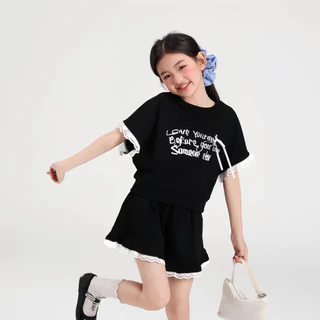 ชุดสูทเด็กผู้หญิง น่ารัก เสื้อยืดคอกลม พิมพ์ลายตัวอักษร กางเกงขาสั้นขากว้าง สไตล์เกาหลี 2-12 ปี