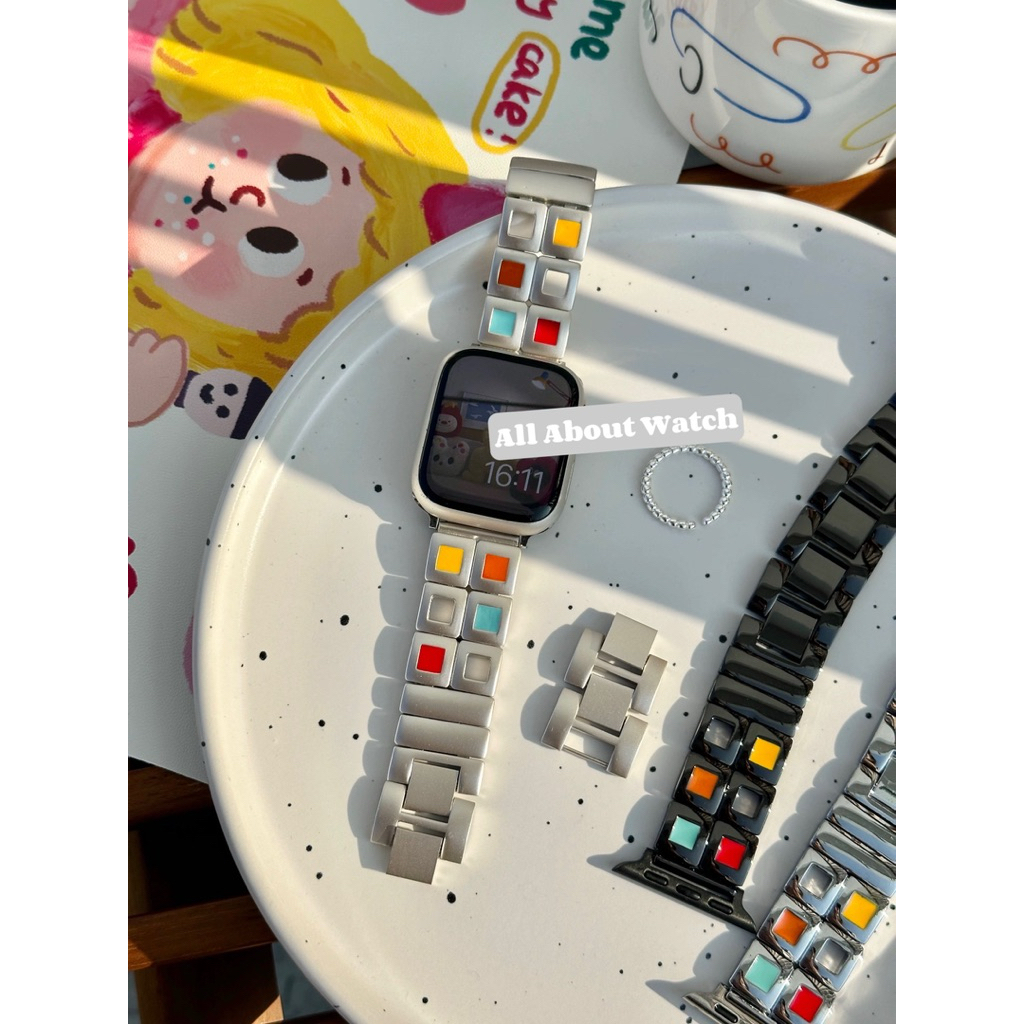 พร้อมส่ง สายนาฬิกาสแตนเลส ตารางสี Colourful ใช้ได้กับ Smart Watch 10 9 8 7 6 5  4 3 2 1 Se Ultra และ