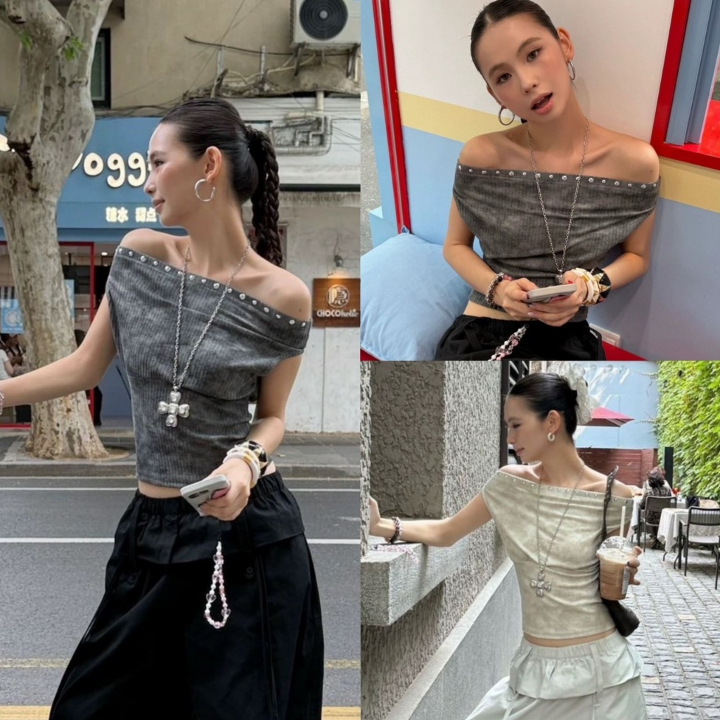 (พร้อมส่ง) PINPIN TOP เสื้อไหล่ปาดแต่งหมุดรุ่น 25T307 TAG MM FISH 🇰🇷