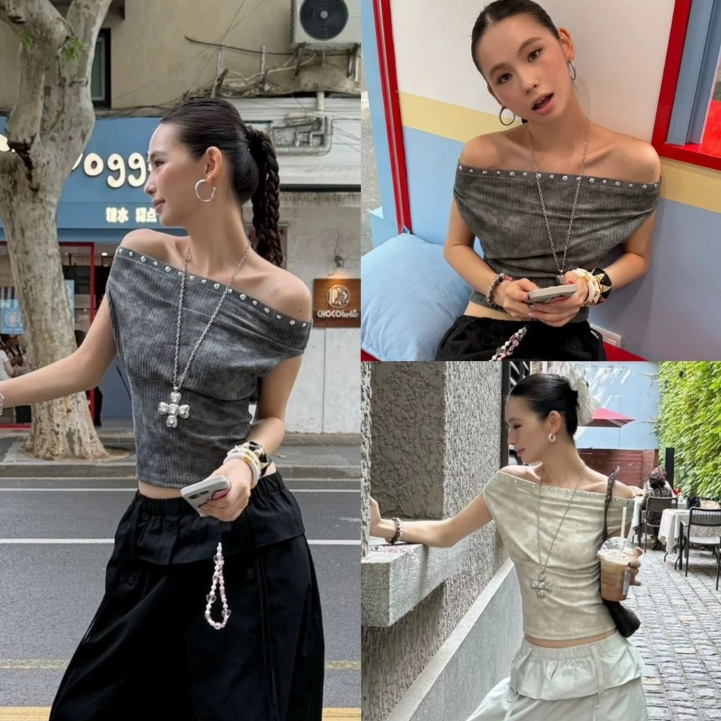 (พร้อมส่ง) PINPIN TOP เสื้อไหล่ปาดแต่งหมุดรุ่น 25T307 TAG MM FISH 🇰🇷