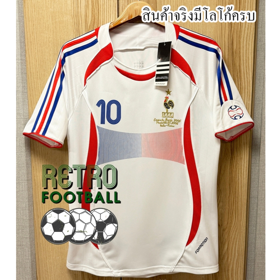 เสื้อฟุตบอลย้อนยุค [ Retro ] ทีมชาติฝรั่งเศส สีขาว นัดชิงฟุตบอลโลก ปี 2006 อัดชื่อ ZIDANE#10 สกรีน หน้า-หลัง ตรงต้นฉบับ