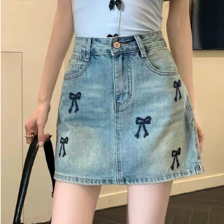 โบว์ งานปัก ฟ้าอ่อน กระโปรงยีนส์ เอวสูง เผยผอม กระโปรงสั้น เ…