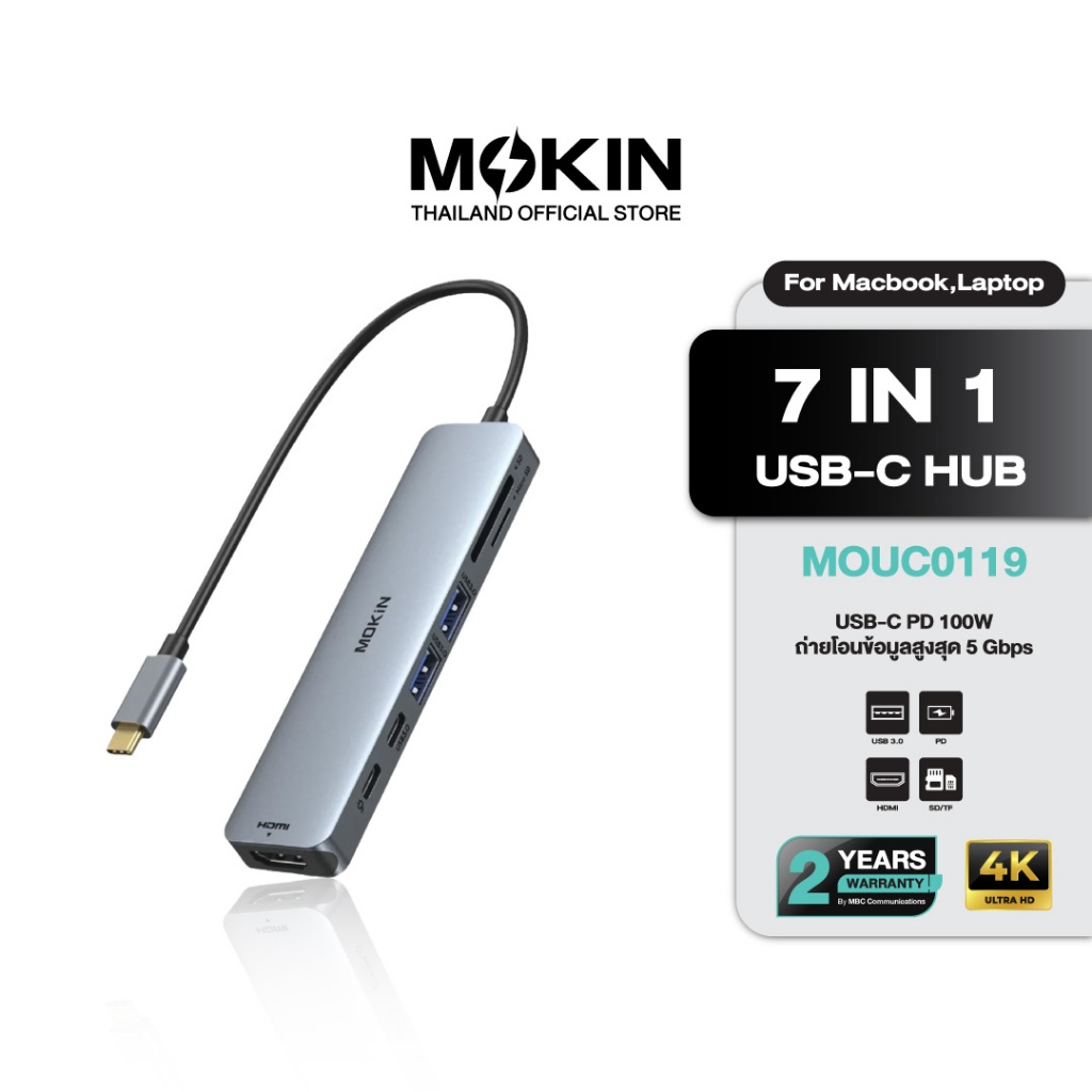[ทักแชทรับโค้ดลับ] MOKiN USB-C Hub 7-in-1 | HDMI 4K, USB 3.0 x3, SD/TF, PD 100W สำหรับ MacBook, iPad, Laptop USB-C
