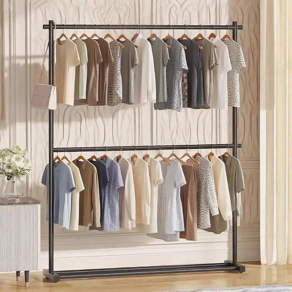 ราวตากผ้า 2 ชั้น 150*50*200CM ราวแขวนเสื้อผ้า แบบมินิมอล สำหรับคอนโด รางตากแข็งแรง เเขวนได้50ตัว