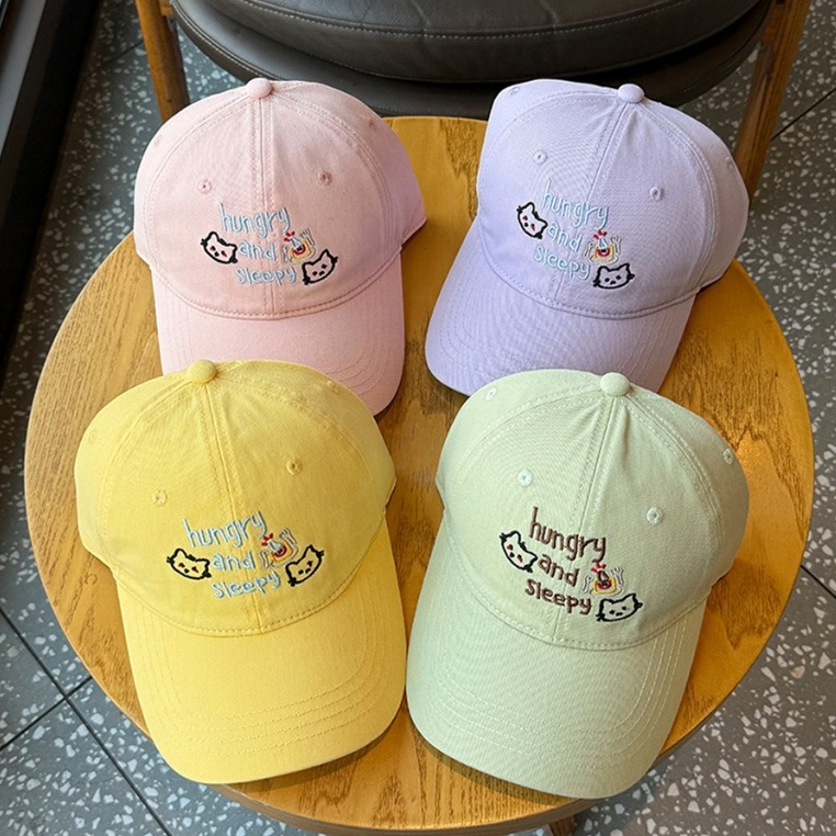 ♥️พร้อมส่ง🧢หมวกแก็ป Sleepy and Hungry  น่ารัก สีสดใส มีสายปรับขนาด แมว (5สี)
