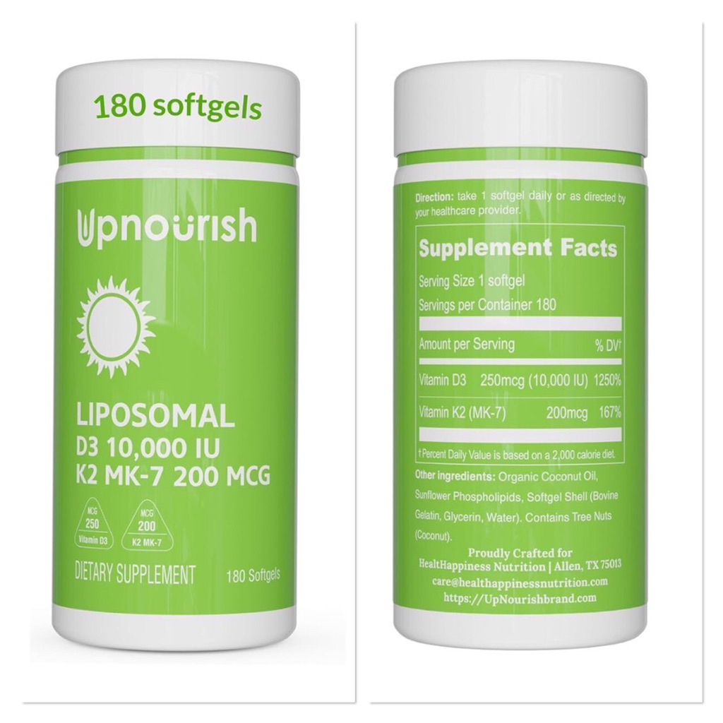 LIPOSOMAL D3(10000IU)+K2(200MCG)(UPNOURISH) ขวดไซส์เล็ก ทานวันละ1ซอฟท์เจล (บรรจุ180ซอฟท์เจล)