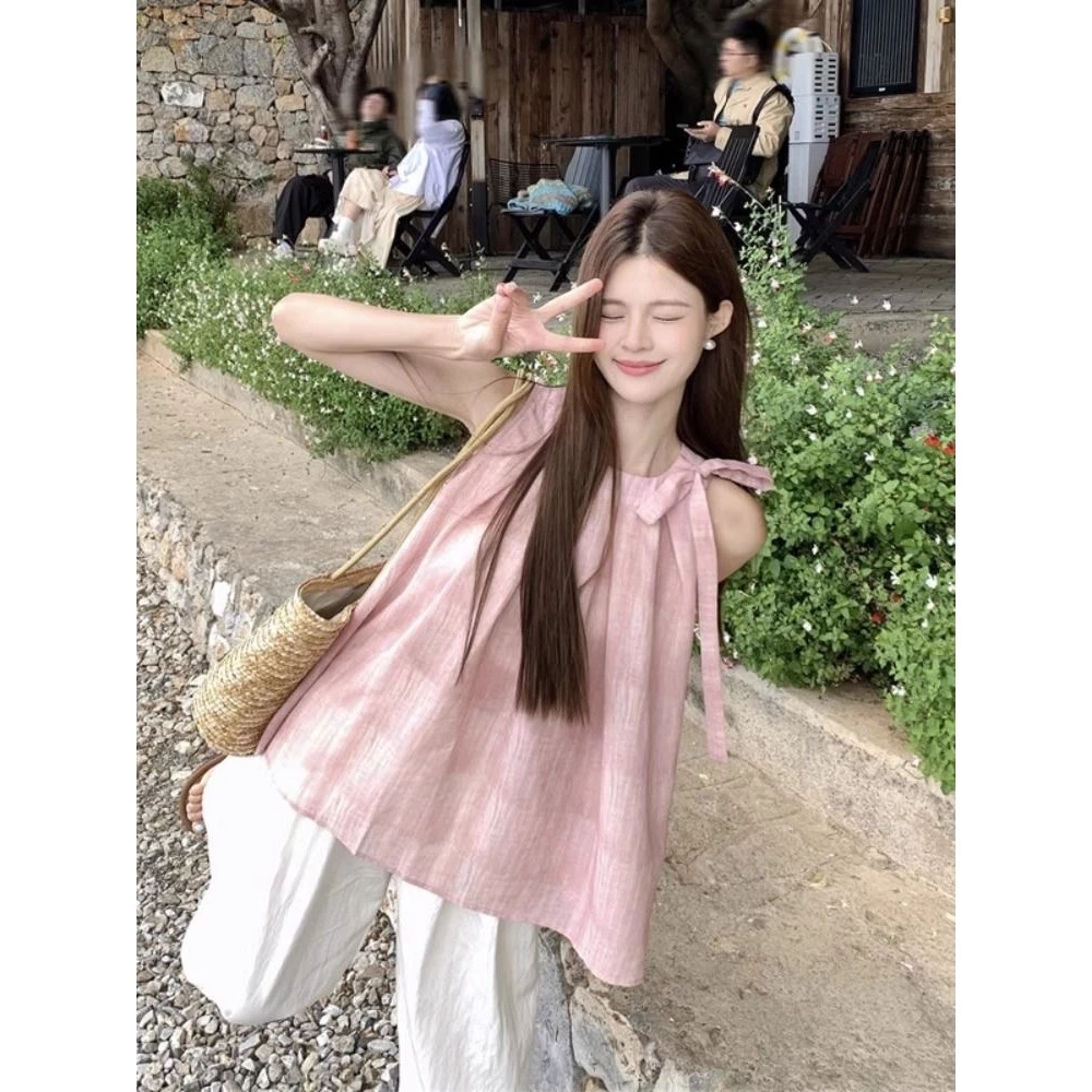 [Sheing office]🌟พร้อมส่ง🌟เสื้อเชิ้ตแขนกุดผูกโบว์คอฮอลเตอร์สำหรับผู้หญิง เรียบง่ายและสวมใส่สบาย