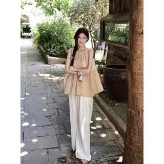 [Sheing office]🌟พร้อมส่ง🌟เสื้อเชิ้ตแขนกุดผูกโบว์คอฮอลเตอร์สำหรับผู้หญิง เรียบง่ายและสวมใส่สบาย