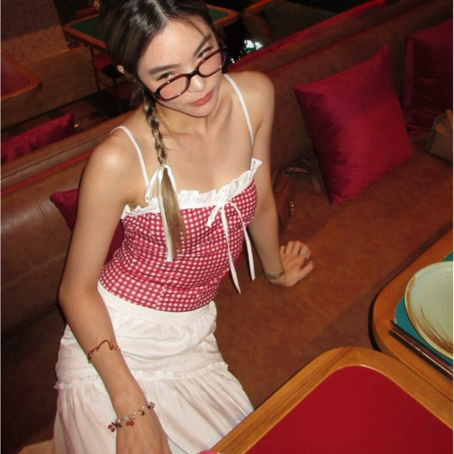 Kiko Top เสื้อทรงคอร์เซ็ทลายสก็อตแดง