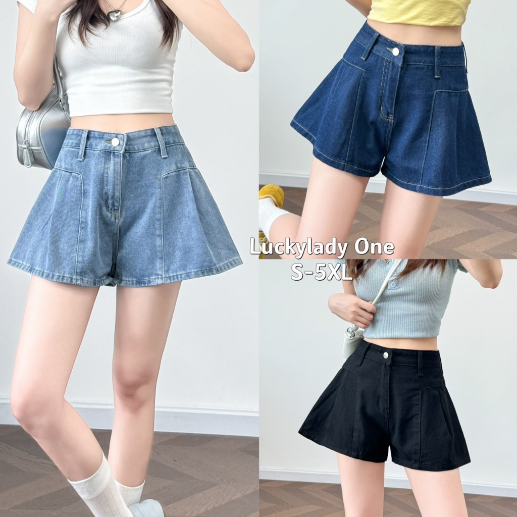 S-5XL กางเกงยีนส์ขาสั้นทรงขากว้าง แต่งจิ๊บ ผ้ายีนส์ไม่ยืด