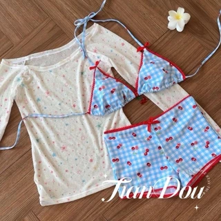 ส่งไวจากไทย บิกินี่ ทูพีช ชุดว่ายน้ำเซ็กซี่ ลายเชอร์รี่ การปรับเชือก มีฟองน้ำ#0890
