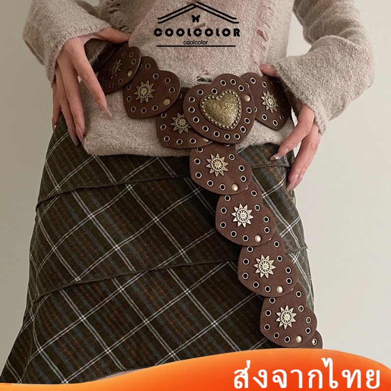 ในไทย เข็มขัดวินเทจ คุณภาพสูงหัวใจ PU ขนาดใหญ่ Western Denim กว้าง Rivets Steampunk เข็มขัดผู้หญิง