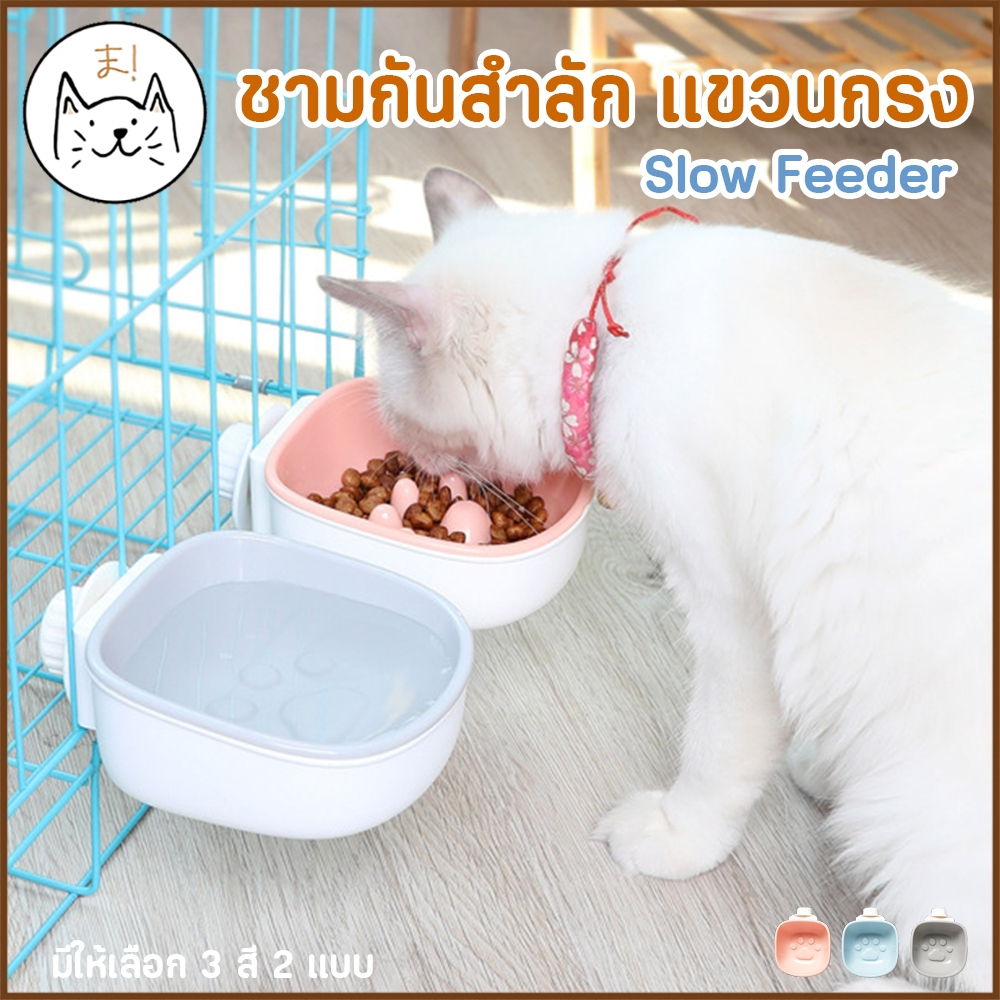 KUMAま ชามกันสำลัก แบบแขวนกรง ชามฝึกแมว สุนัข ชามให้น้ำ ให้อาหาร สัตว์เลี้ยง Slow Feeder ชามกินช้า