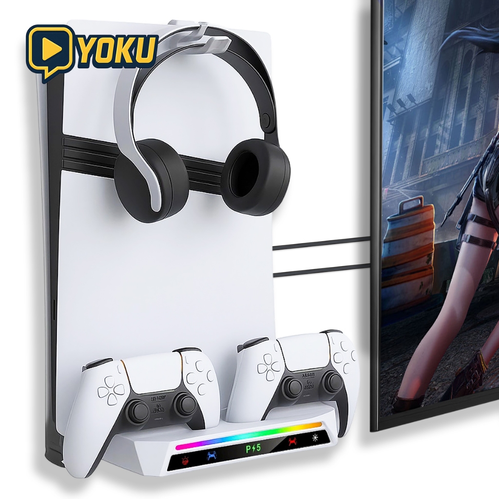 แท่นชาร์จ PS5 ติดผนัง+ไฟ RGB - ชาร์จคู่+ที่แขวนหูฟัง | สำหรับ PS5 Pro/PS5 Slim/PS5 Pro Digital&Disc