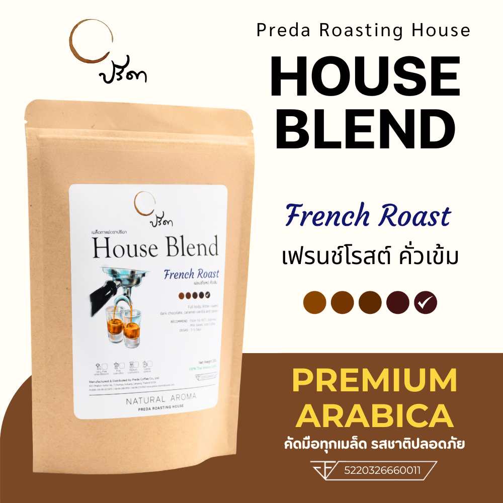French Roast เฟรนช์โรสต์ (เมล็ดกาแฟคั่วเข้ม Dark Roast รสเข้มขม ไม่ขมไหม้ ปรีดา)