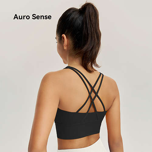Auro Sense สปอร์ตบรา แก้ไขแผ่นอกป้องกันการกระแทกโยคะหลังที่สวยงามข้ามสายสะพายไหล่บาง