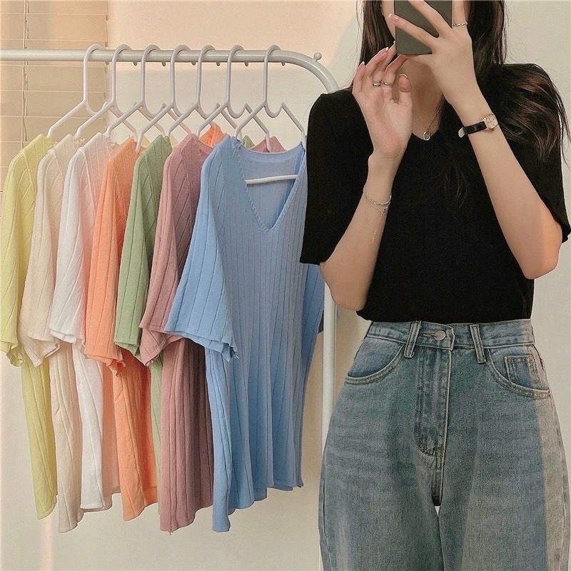 ✨ MKL ✨พร้อมส่งเสื้อไหมพรมคอวี สีพื้น ลายเส้นใหญ่ ผ้านิ่มใส่สบาย ผ้ายืดตามตัว เสื้อแฟชั่นหลายสีให้เลือก  #A068