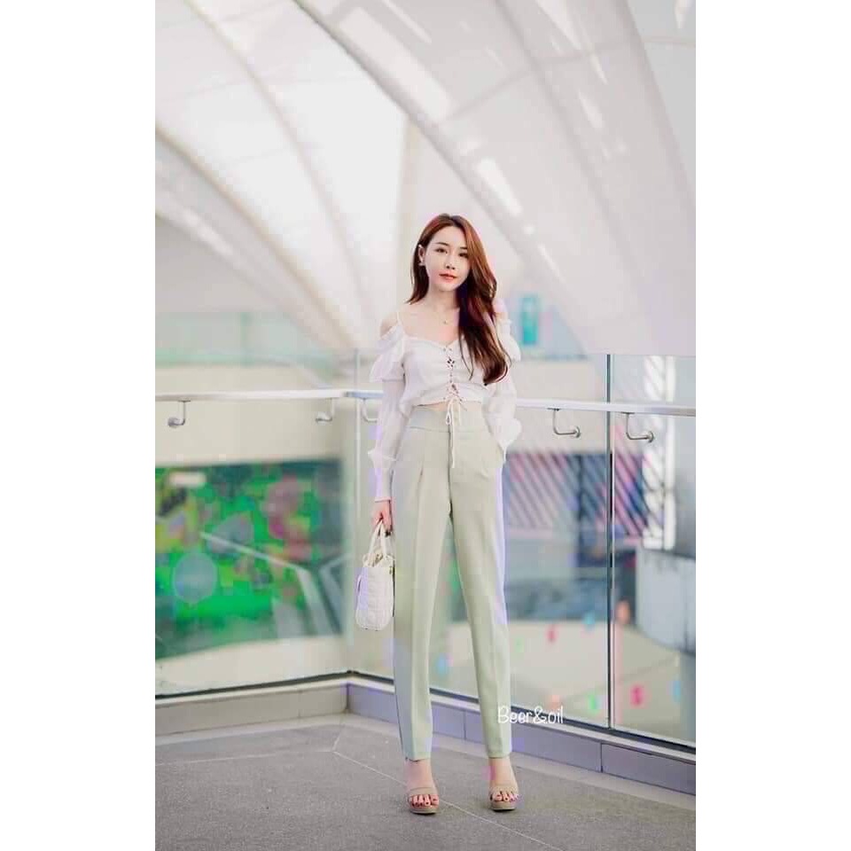 L001  Beer&Oil กางเกงขายาวเอวสูง ผ้าโรเชฟ 2กระดุมปั๊ม มีกระเป๋า2ข้างใช้งานได้จริง