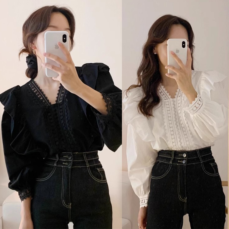 ohho เสื้อเชิ้ตแขนยาว คอวี พิมพ์ลายลูกไม้ แฟชั่นบอททอม สไตล์เกาหลี สําหรับผู้หญิง #w608