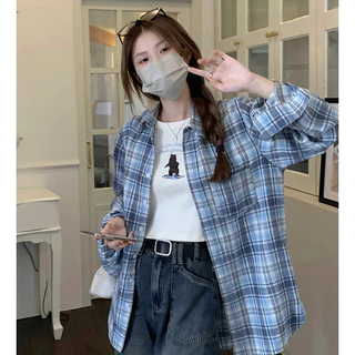 เสื้อเชิ้ตลายสก็อตสีน้ำเงินเทาคลาสสิกสำหรับผู้หญิง คาร์ดิแกนแขนยาว ทรงหลวม กระเป๋าหน้า สวมใส่ได้ทุกวัน