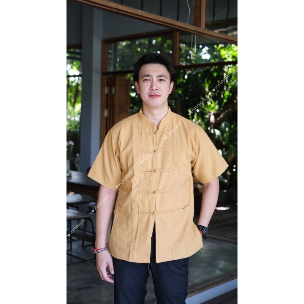 พร้อมส่ง เสื้อผ้าฝ้ายคอจีน กระดุมถัก อก40-50" ผู้ชาย รูปที่ 3