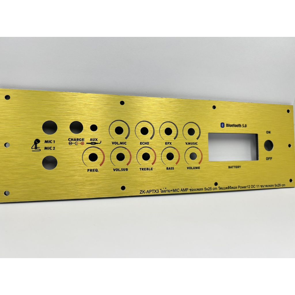 เพลทลำโพงบลูทูธZK-APTX3 ไม่ย้าย+MIC AMP วัสดุคอมโพสิตสีทอง ช่องเพลท5x25cm.วัดแบตดิจิตอลสวิตซ์12มิลDC