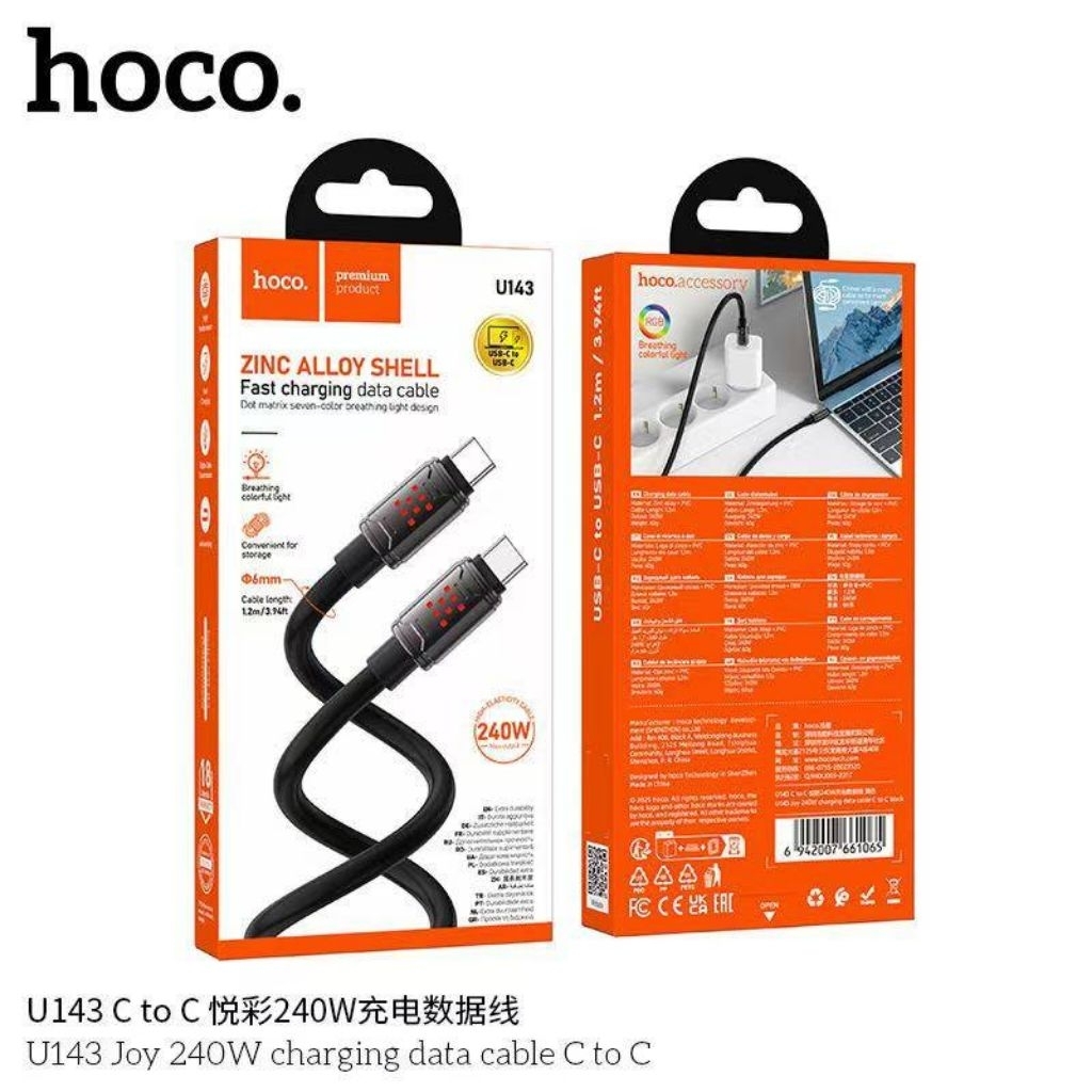 Hoco U143 สายชาร์จเร็ว LED สายหนาเส้นใหญ่รองรับสูงสุด 240W สำหรับ Tc to tc /Tc to ios / 4in1