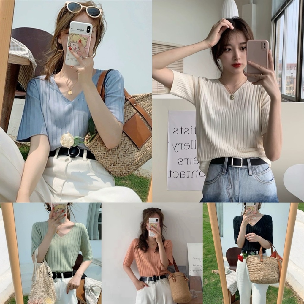 🎉Cynthia🎉พร้อมส่งเสื้อไหมพรมคอวี สีพื้น ลายเส้นใหญ่ ผ้านิ่มใส่สบาย ผ้ายืดตามตัว เสื้อแฟชั่นหลายสีให้เลือก  #A068