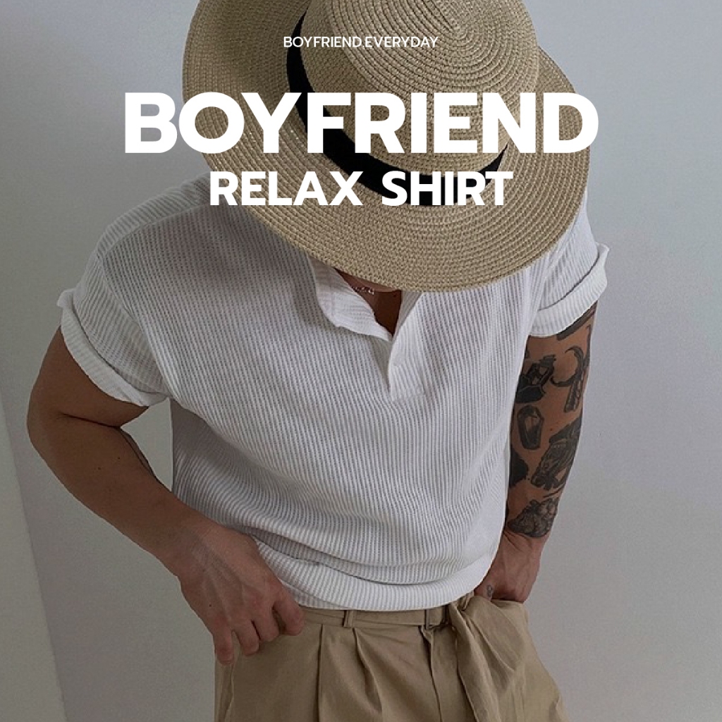 BOYFRIEND RELAX SHIRT เสื้อยืดผ้าวาฟเฟิล คอดีเทลกระดุม 3 เม็ด