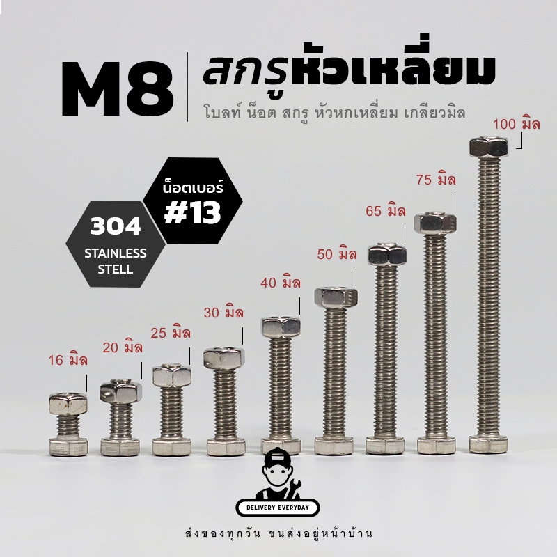 [TPC] สแตนเลส 304 สกรูหัวเหลี่ยม M8 น็อตเบอร์ 13 เกลียว 1.25 นอตหัวเหลี่ยม | แถมฟรี หัวนอตและแหวนรอง