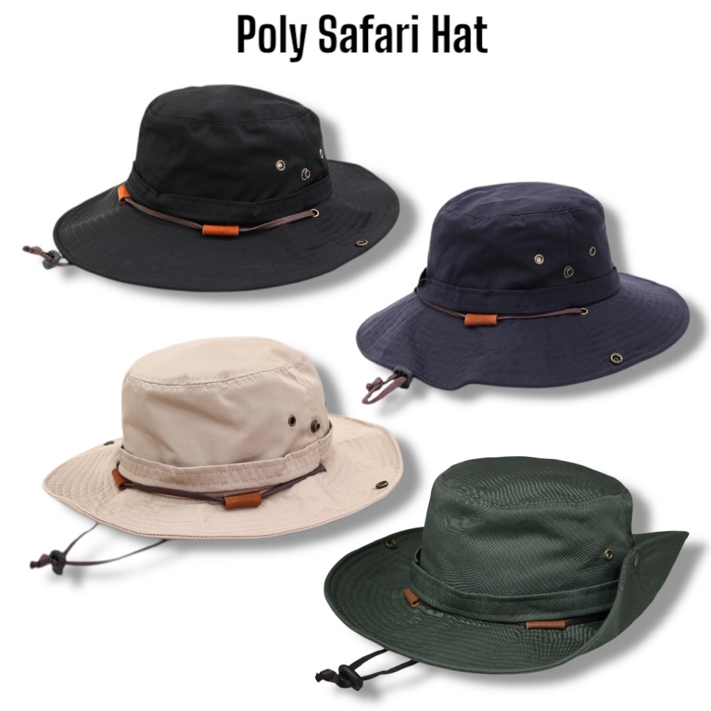 Muak- Poly Safari Hat หมวกทรงซาฟารี สำหรับใส่แคมป์ปิ้งและออกแดด มีสายผูกคางและปรับไซส์ได้ เหมาะกับทุกเพศ มีกระดุมชุมติด