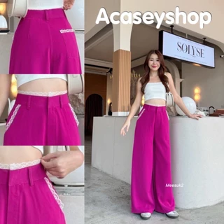Acasey กางเกงขายาวผู้หญิง ขากระบอกใหญ่ ขาบาน แต่งเอวลูกไม้ ผ้าลิลลี่ ใส่สบาย ไซส์ S - XL