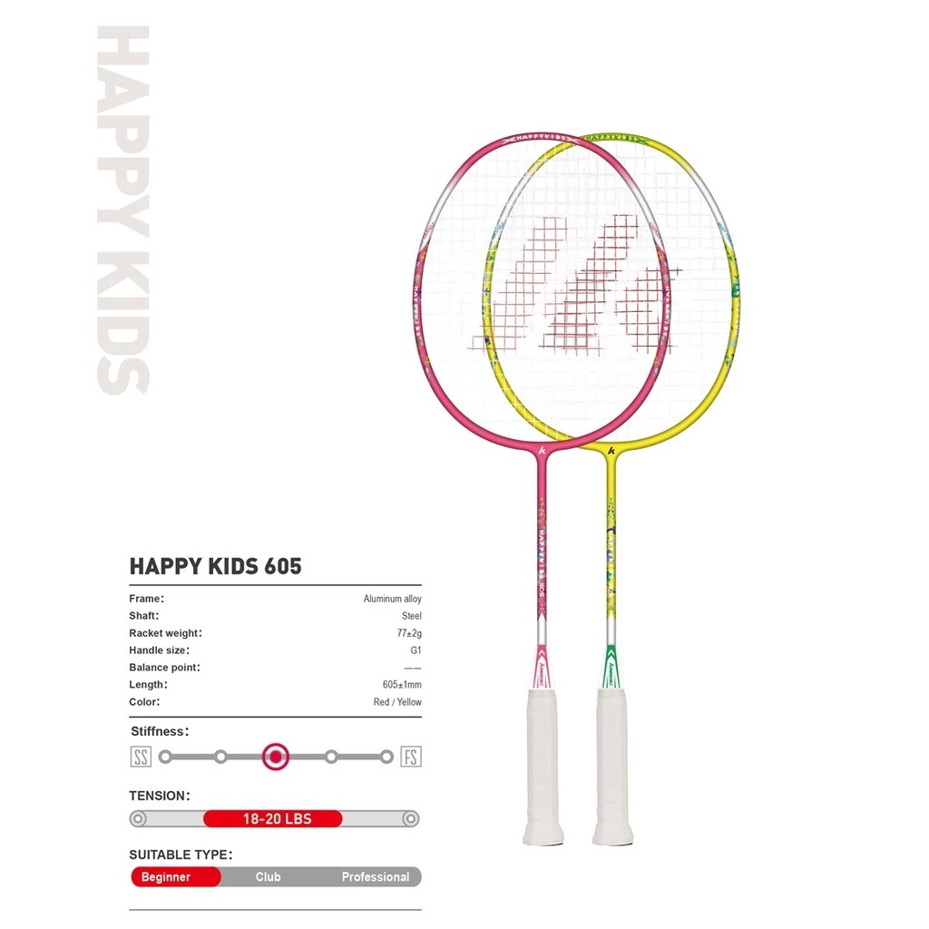 KAWASAKI ไม้แบดมินตันคาวาซากิ รุ่น HAPPY KIDE 605 (ชมพู-เหลือง) แถมซองฟรี (เหมาะสำหรับเด็ก)