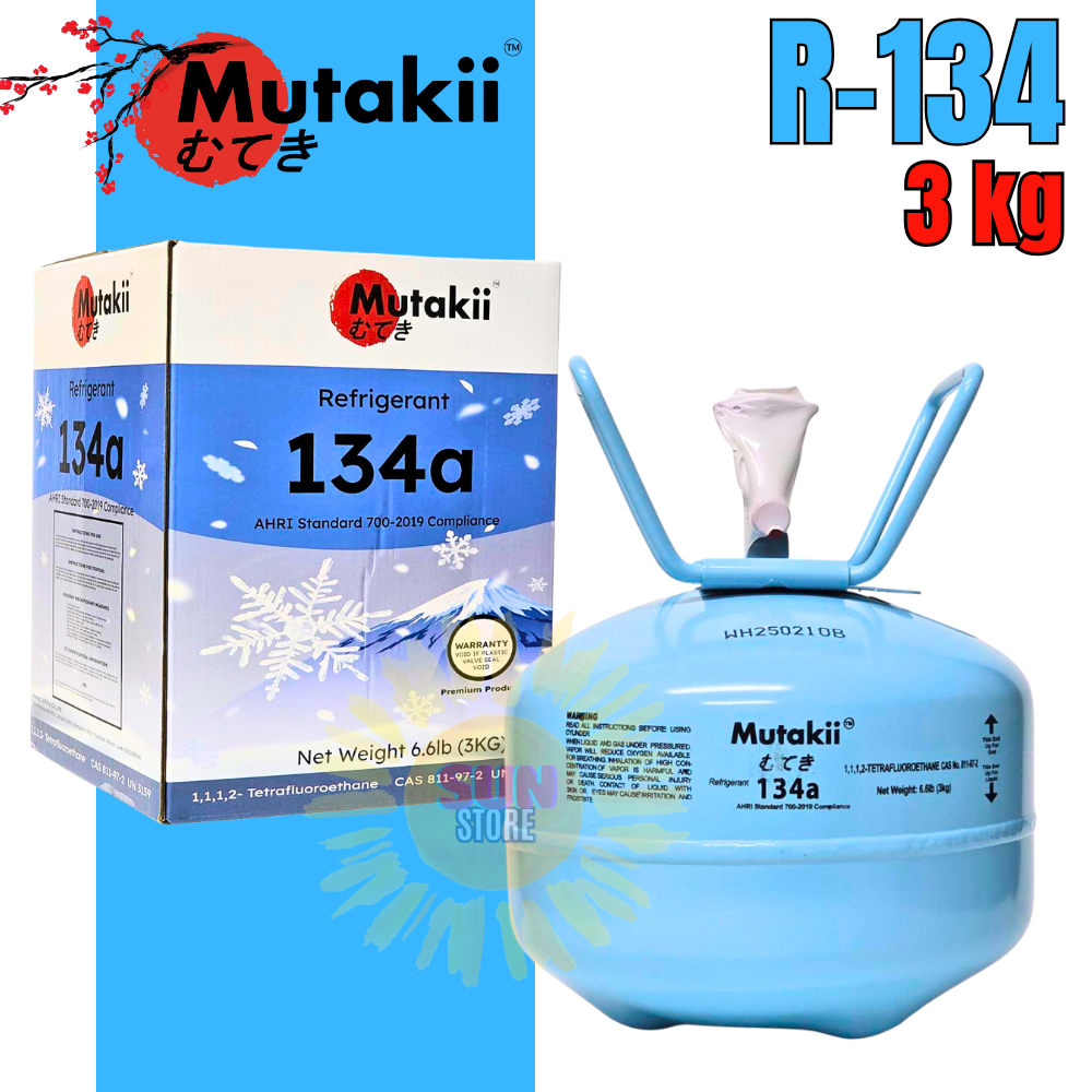 น้ำยาแอร์รถยนต์ R134a เกรดพรี่เมี่ยม ยี่ห้อ Mutakii 3KG. ไฮต่ำ เย็นฉ่ำ ถังเติมกลับได้ แจ่มสุด
