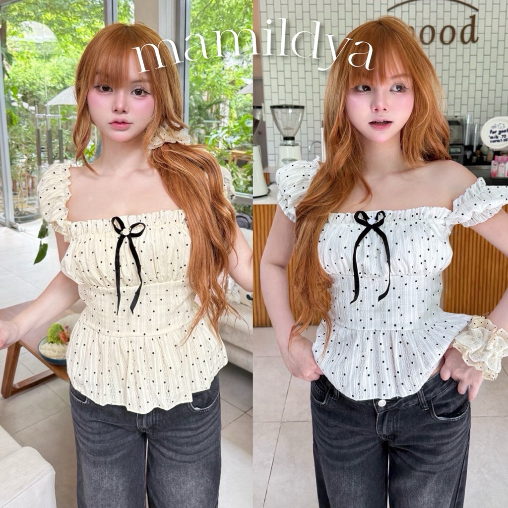 🌟Mamildya.shop🌟 เสื้อแขนตุ๊กตา แต่งโบว์ ริบบิ้น จะใส่ขึ้นไหล่/M2-2 /NUSA-โบว์ดำ⚫
