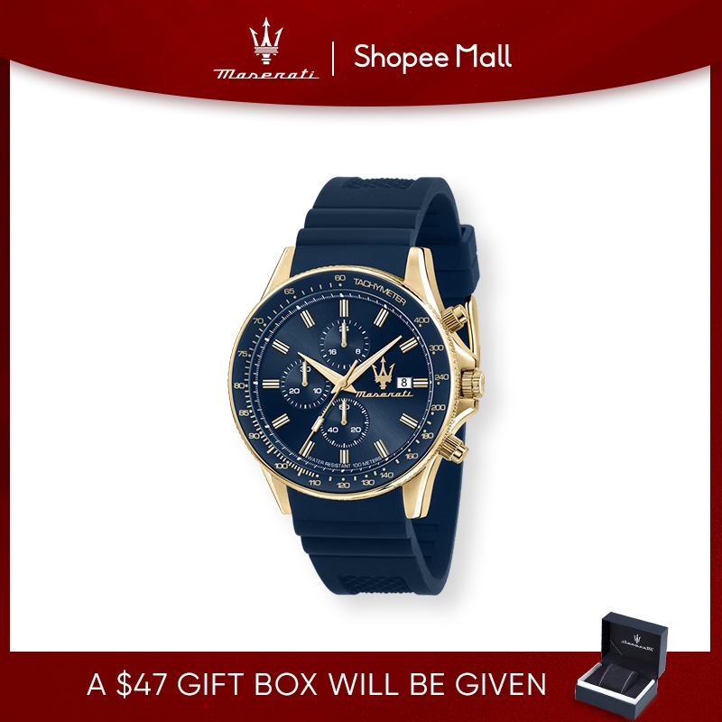 【2 Years Warranty】 Maserati Sfida 44mm Blue Dial Blue Silicone Men's Chronograph Quartz นาฬิกาข้อมือ
