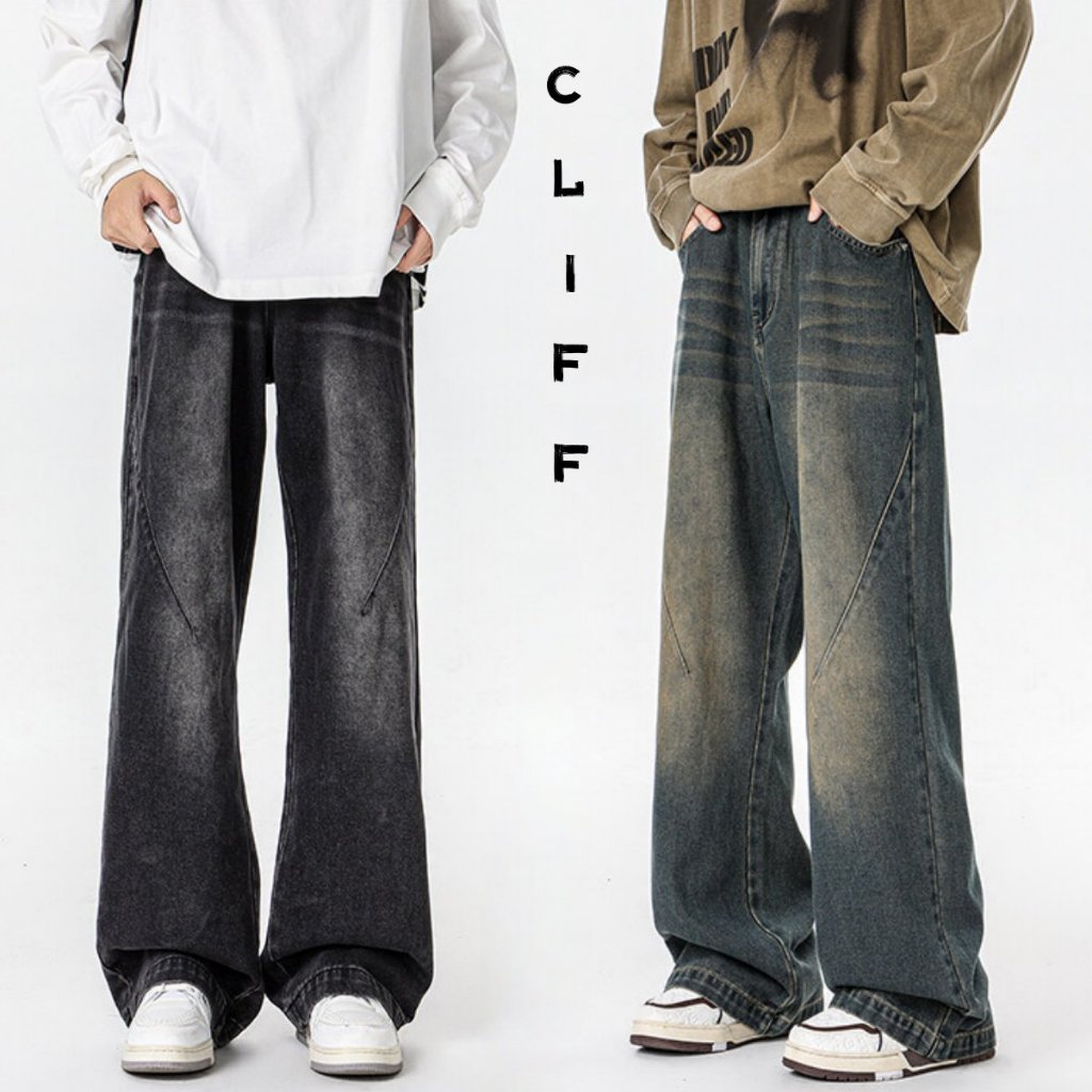 CLIFF กางเกงยีนส์ขาตรงผู้ชาย รุ่นย้อนยุค เอวสูง ทรงหลวม ทำให้ดูผอมเพรียว กางเกงขากว้าง