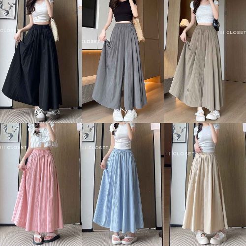 กางเกงกระโปรง lll Freesize lll COM523 สม็อกรอบเอว มีกระเป๋าข้าง ผ้าครัช ไม่ต้องรีด ใส่สบาย